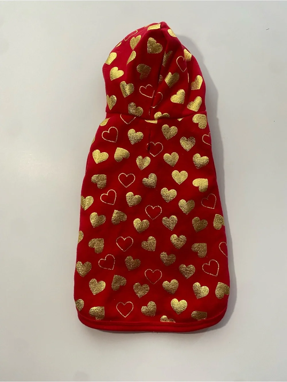 Red Gold Foil Heart Print Valentine’s Day Dog Hoodie w Leash Harness Hole Small